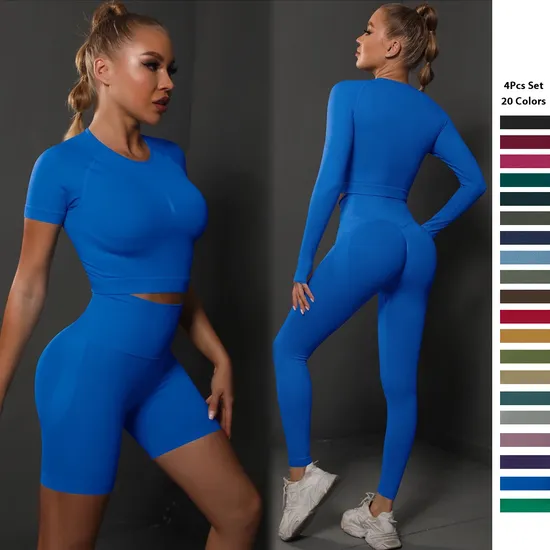 Conjunto feminino sem costura para ioga manga curta 6 cores