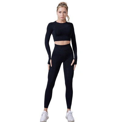 2 pçs/conjunto sem costura terno feminino esportivo roupas de ginástica manga longa fitness top cropped e leggings de bumbum elástico conjunto de ioga