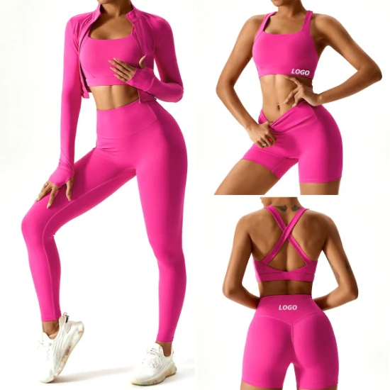 Nova chegada 2/3/4PCS roupas de treino de corrida sexy para mulheres, conjunto de ioga de fitness logotipo personalizado shorts + leggings + sutiã de ginástica + jaqueta com zíper roupas ativas