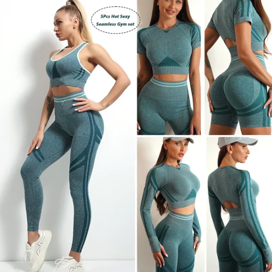 Atacado Senhoras 5PCS Hot Fashion Ropa De Yoga Wear Workout Clothes for Women, Custom Seamless Bra + Crop Top + Scrunch Gym Shorts + Leggings Fitness Apparel
