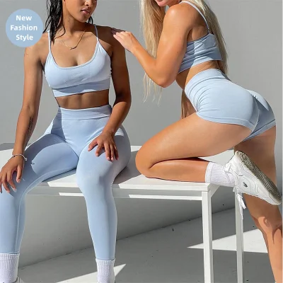 Sy-503 Yoga Clothing Workout Gym Fitness Sets Premium Blue Yoga Bra cintura alta Scrunch Leggings sem costura Conjunto de 2 peças para roupas femininas