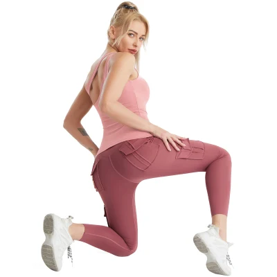 Estilo de sucesso para mulheres Colete de um ombro com bojo removível manga longa bolsos laterais calças conjuntos de esportes para ioga