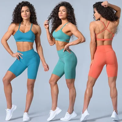 Feminino Suumer Yoga Suspensórios Conjuntos de sutiã e shorts Esportes Fitness Suits Leggings sem costura para levantamento de quadril Roupas de Yoga QS1259